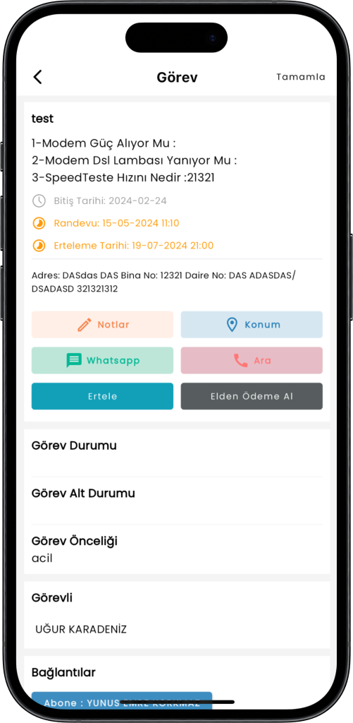 WiRadius CRM Saha Uygulaması - İş Emri Yönetimi Modülü